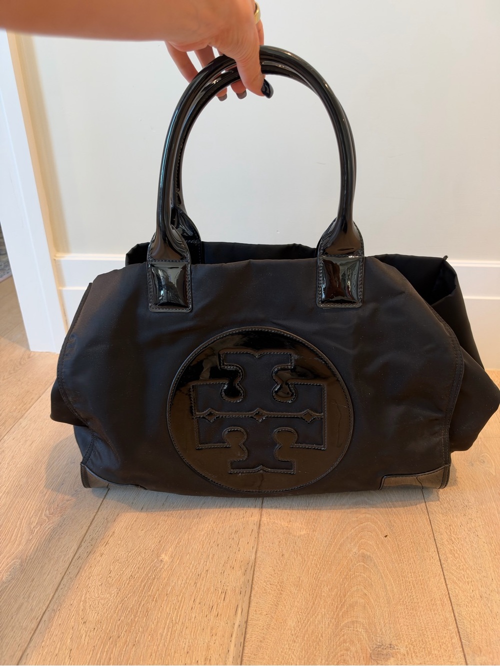Tory Burch Ella Patent Nylon Tote Black Logo Tote